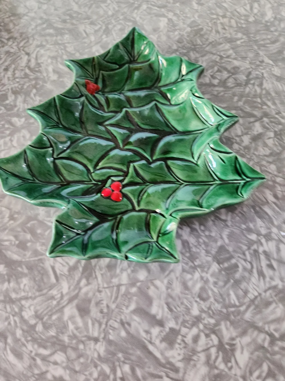 Green Holly Leaf Ceramic Holiday Dish